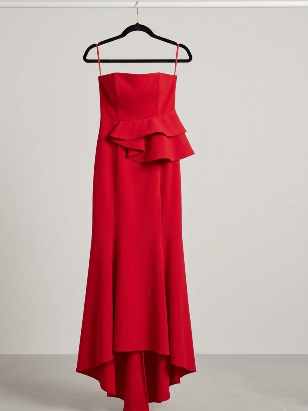JAYGODFREY Red Strapless High-Low Ruffle Gown